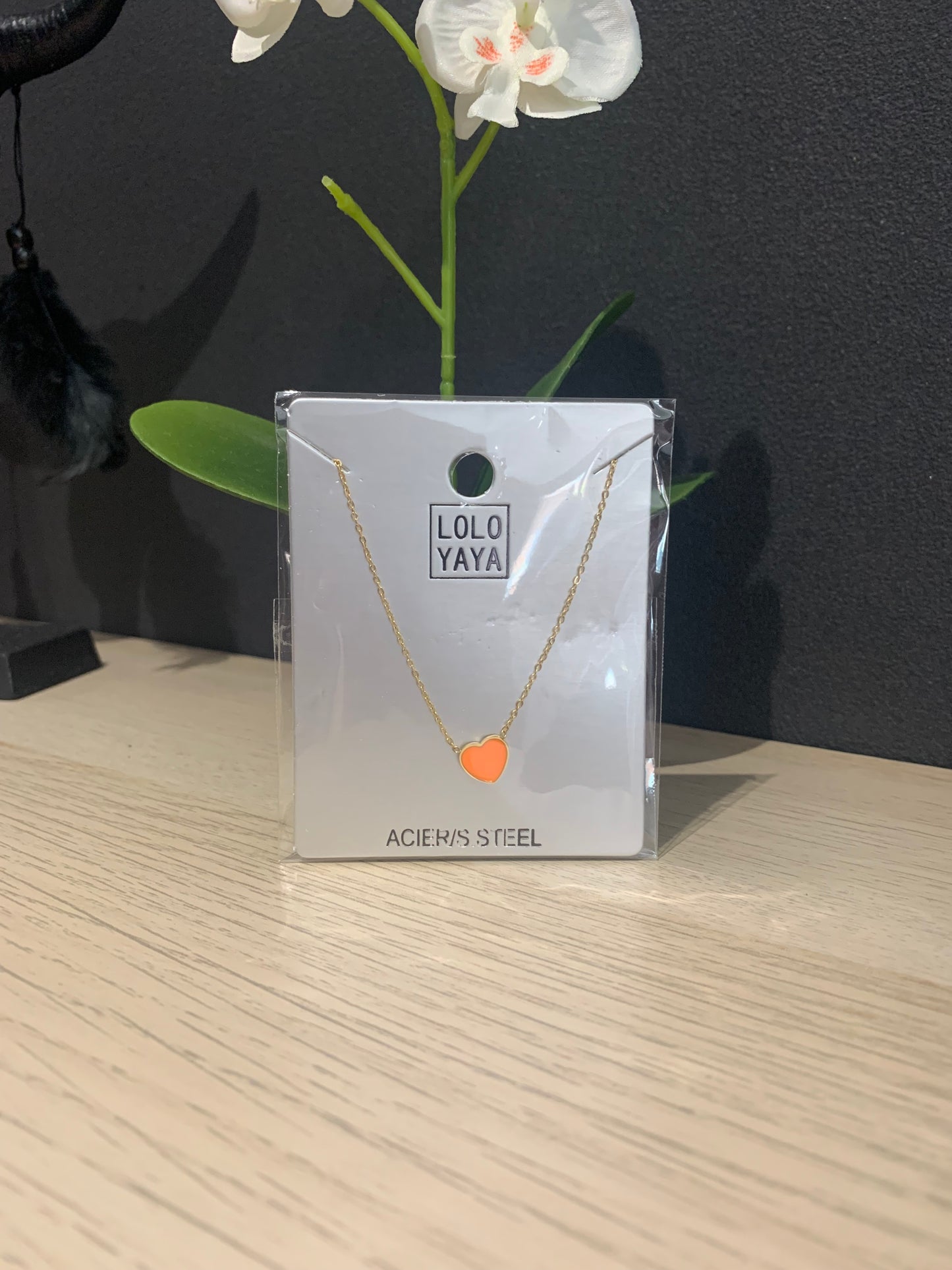 Collier acier inoxydable (cœur orange) réglable